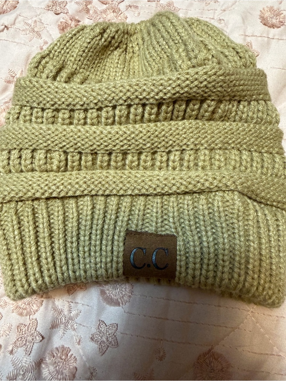 Authentic C.C Green Cable Knit Messy Bun Ponytail Beanie Hat OS